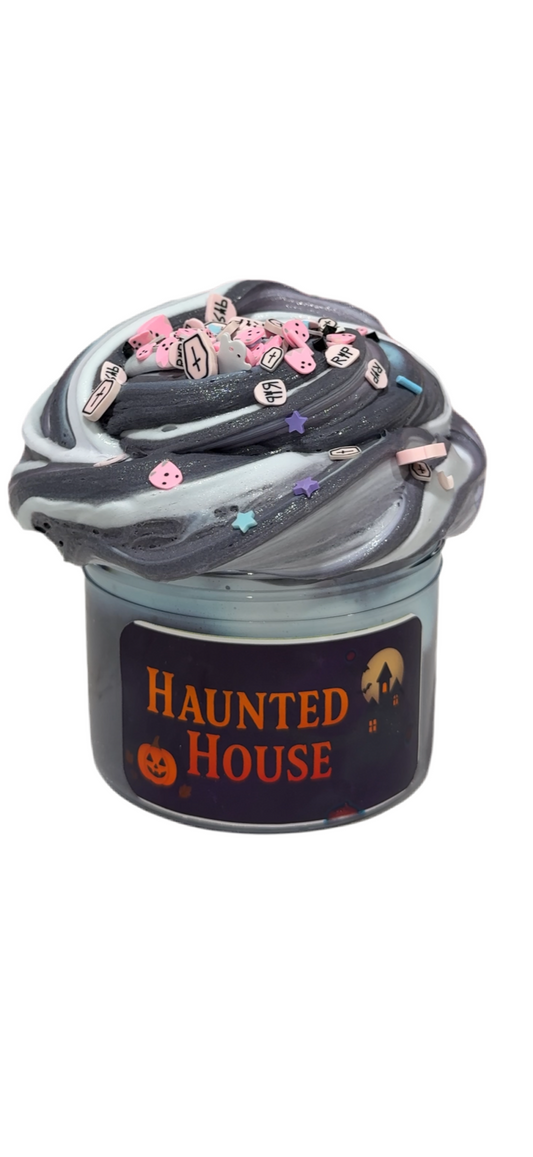 Haunted House Halloween Slime – Butter Slime, Black & Light Purple Swirl, Vampire Blood Scent + Halloween Sprinkle Mix